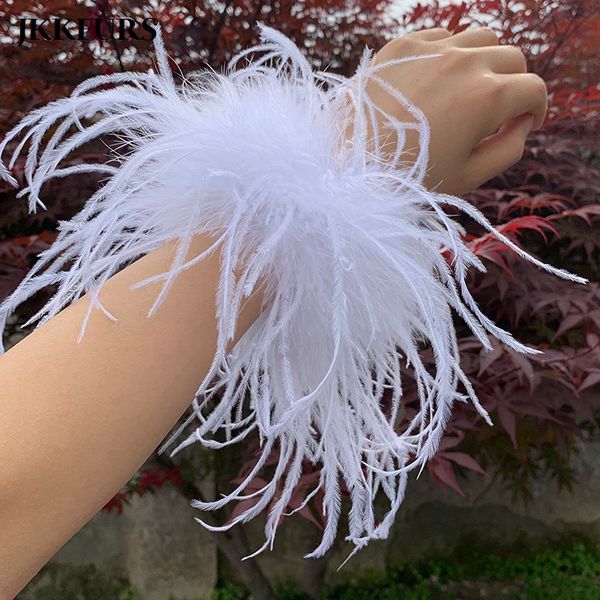 

fingerless gloves wide style women' real ostrich feather slap bracelets fashion long turkey cuff fur band wristband on sleeves s4392 2, Blue;gray