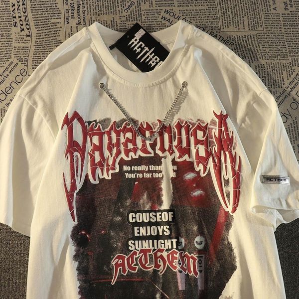 

women's t-shirt cool chain y2k vintage letter graphic t shirts hip hop harajuku oversized goth o-neck short sleeve summer large 2xl ca, White