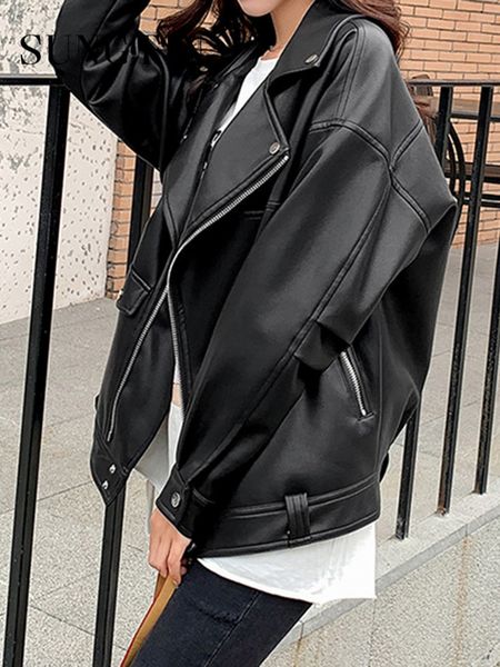 

womens leather faux leather sungtin faux leather jacket women casual pu loose motorcycle jackets female streetwear oversized coat korean chi, Black