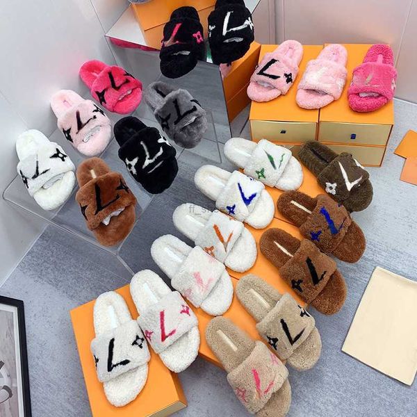 

womens slippers 2023 ladies wool slides winter fur fluffy furry warm letters sandals comfortable fuzzy inverted triangular iron sheet girl f, Black