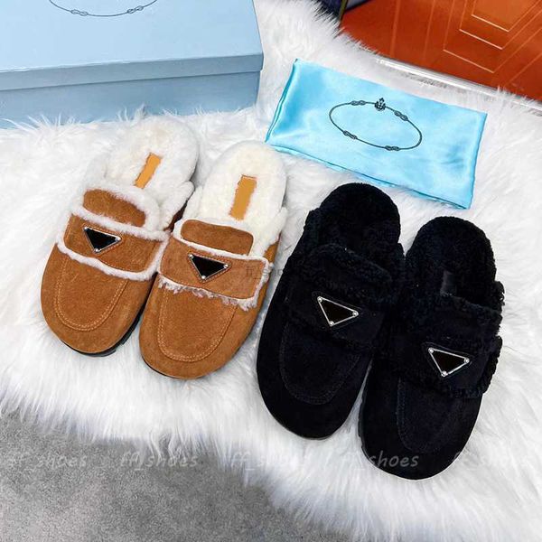 

2023 women designers luxurys slippers slides casual shoes autumn and winter fashion flat shoe comfortable lambhair plush slipper slide black