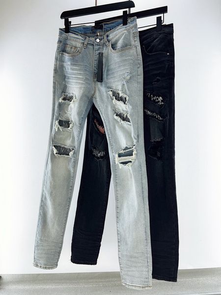 

mens jeans slim jeans distressed denim jean designer pants with holes knee ripped for man skinny straight leg size 28-38long pant, Blue