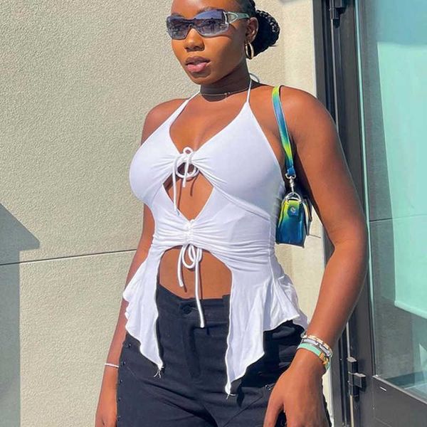 

women's tanks camis y2k aesthetics bandage hollow out halter ruffles drstring cut out white tank clubwear women vintage clothes j2302