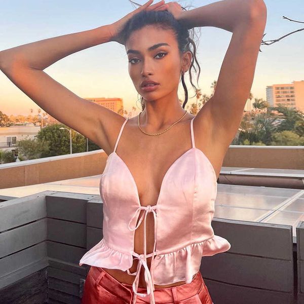 

women's tanks camis girls pink satin ruffles sleeveless camis summer front tie hollow out backless crop tees y2k women fashion streetw, White