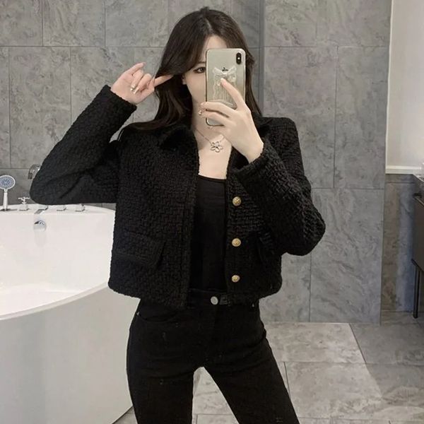 

women's jackets black cropped tweed jacket women korean fashion single breasted lapel coat woman elegant luxury design short outerwear, Black;brown