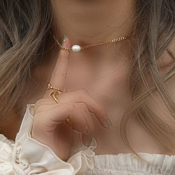 

pendant necklaces minimalist natural freshwater pearl pendant cuban link chain choker necklace stainless steel gold 230215, Silver