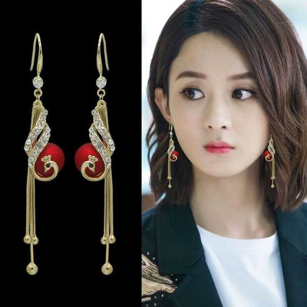 

charm phoenix tassel female temperament red 2023 new fashion autumn and winter earrings chinese pearl long style, Golden