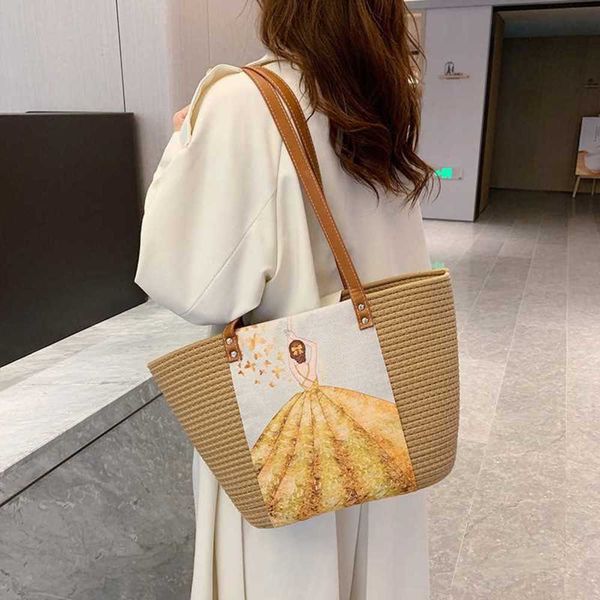 

casual cartoon straw women shoulder bags paper woven striped handbags summer beach large basket bag big tote purse 2023 holiday 230129