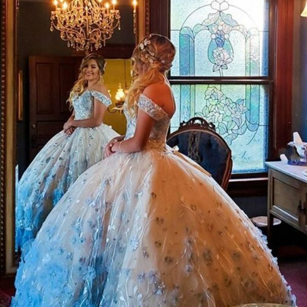 

sky blue ball prom gown quinceanera dresses beads 3d flowers off shoulder sweet 16, Black