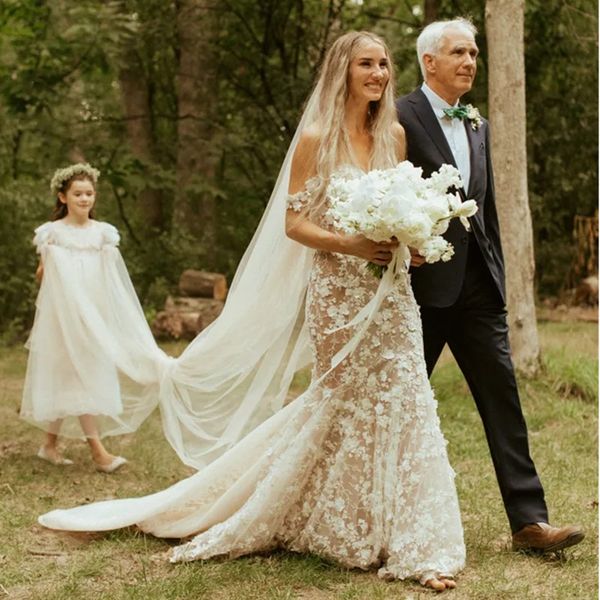 

spaghetti strap berta illusion mermaid wedding dresses full lace sleeveless bridal gown sweep train boho dresses, White
