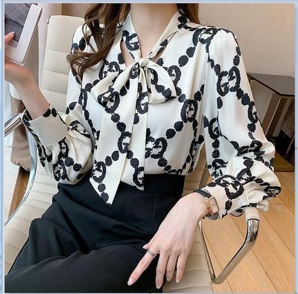 

women's blouse shirts long sleeve chiffon v-neck lace-up bow print letter button versatile base layer loose casual clothing, White