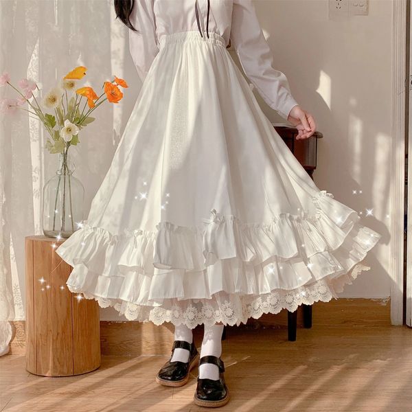 

skirts japanese solid color double layer vintage french ruffled aline pleated skirt hepburn black half skirt female white long skirt 230216