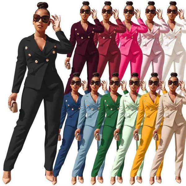 

2023womens designer clothing spring tracksuits two piece pants set office lady lapel double row button coat jacket straight trousers suit, Gray