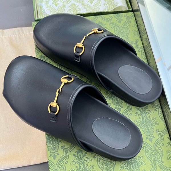 

summer men beach slippers classic designer lazy flat baotou flip flops 100% leather lady slides suede letter women shoes cowhide metal mens, Black