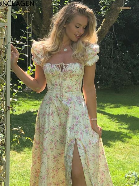 

casual dresses nclagen boho charming floral print vacation puff sleeve slit vestidos women summer party club vintage long robe 230216, Black;gray