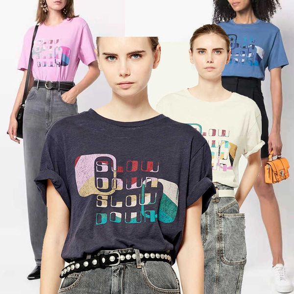 

isabel marant women designer t shirt letter color blocking printing cotton round neck short sleeve fashion women's t-shirt four colors, White
