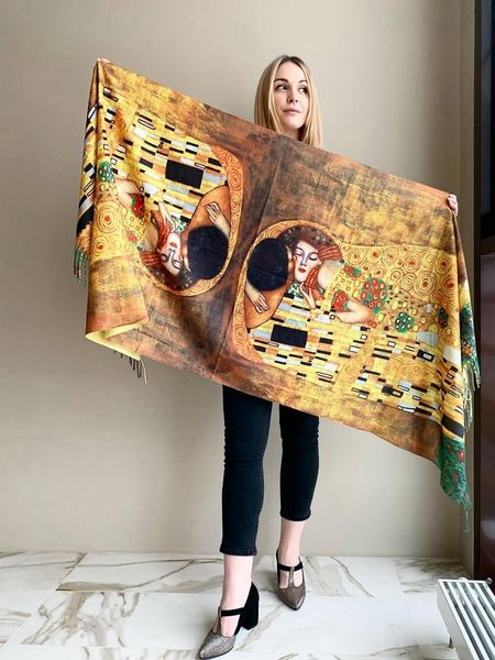 

sarongs gustav klimts oil painting cashmere scarf women spring der kuss print pashmina shawl ladies autumn wrap designer cape blanket 230215, Blue;gray