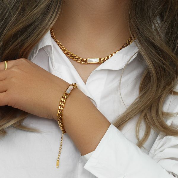 

wedding jewelry sets natural shell acrylic black white green charm gold cuban chain necklace bracelets for women hiphop set 230215, Slivery;golden