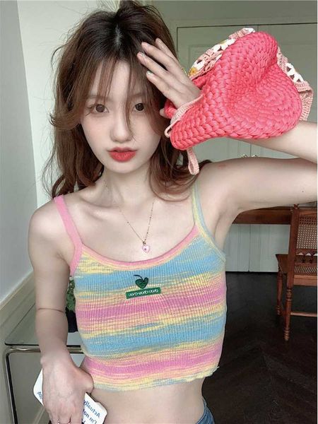 

women's tanks camis print striped crop trim knitted spaghetti strao mini vest women summer harajuku cute basic sweet sleeveless camiso, White