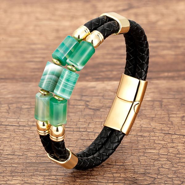 

charm bracelets luxury double row stone bangles women natural beaded bracelet stainless steel clasp multilayer leather mens jewelry 230215, Golden;silver