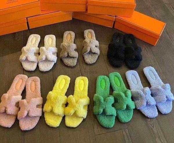 

designers women 2023 soft slippers woolskin sheepskin insole h slides winter luxury plush fur oran sandals rubber sole flat slipper 689 k66, Black