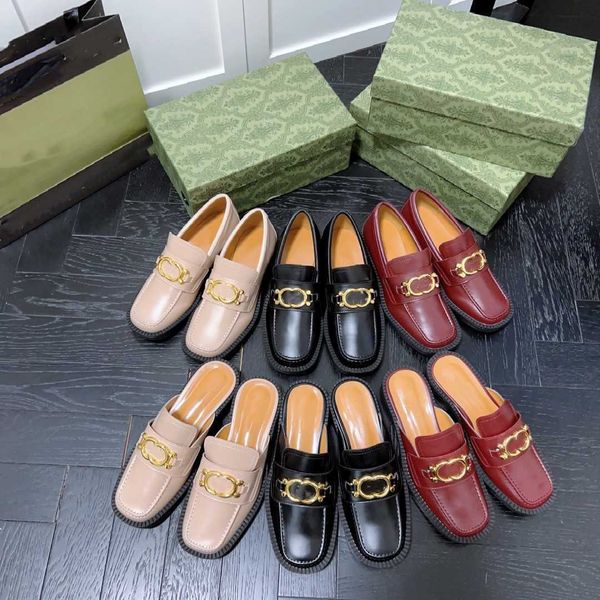 

designer g mules women dress shoes cowhide hardware buckle leather casual shoe business loafers platform sneakers slippers slides size 35-40, Black