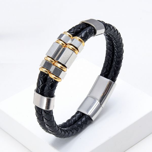 

charm bracelets mens fashion jewelry multilayer genuine leather bangles geometric stainless steel bracelet men gifts 230215, Golden;silver