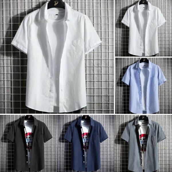 

men short sleeve button down shirts summer casual t-shirt plain solid lapel, White;black