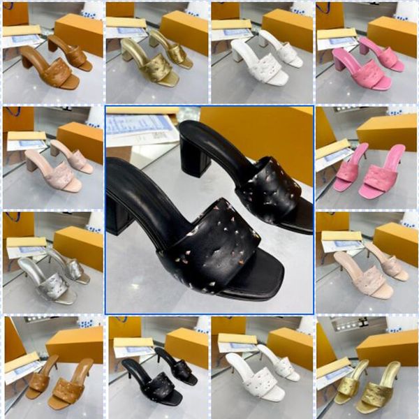 

us4-12 35-43 big women size slippers embossed revival mules 6.5cm high heels sandal pump stilettos monograms block heel slides square toe fl, Black