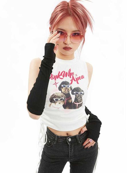 

women's tanks camis y2k kaii dog print crop tee sleeveless mini vest women cute summer casual basic drstring tank streetwear gothic j23, White