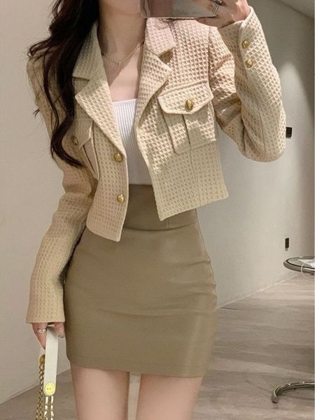

two piece dress vintage blazer skirt set women solid elegant casual mini suit female korean style button designer 230216, White