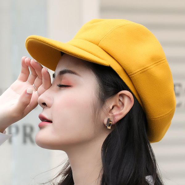 

stingy brim hats four seasons universal korean version ed cap woolen octagonal hat ladies beret solid color bud british 230215, Blue;gray