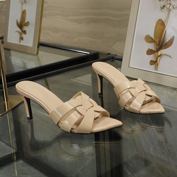 

2023 designer high heels women's leather slippers summer sandals women 6.5cm thin heels open toe fashion slippers casual slippers 35-43, Black