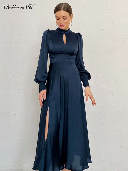 

casual dresses mnealways18 elegant evening navy hollow out woman satin midi party spring lantern sleeves sliky keyhole 230216, Black;gray