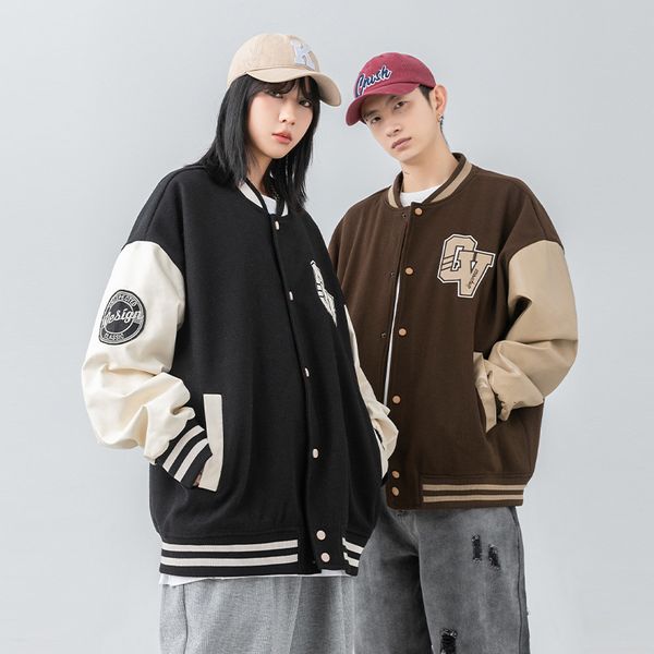 

women's jackets vintage baseball jersey men's and autumn winter american street embroidery loose fashion label clip gram coat 2302, Black;brown