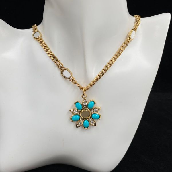 

blue flower shape rhinestone pendant necklaces antique bronze chain luxury necklace fashion brand designer for woman girl ladies wedding par, Silver
