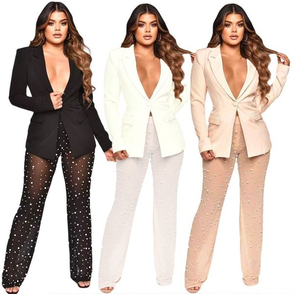 

womens suits blazers two piece set women blazer pearls sheer see through mesh pants long sleeve single button jacket coat tracksuit clothes, White;black