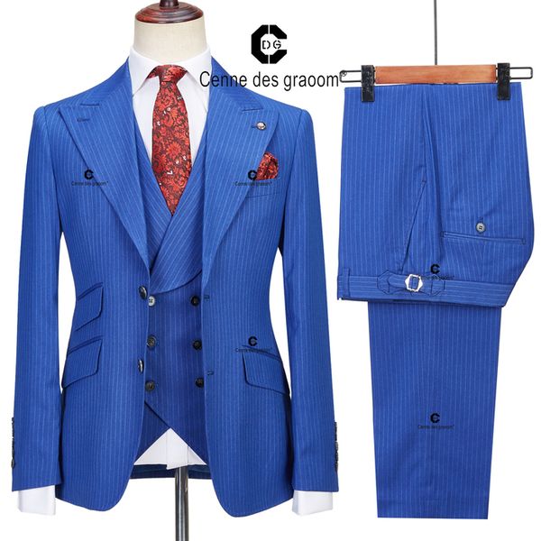 

men's suits blazers cenne des graoom royal blue 3 piece classic men suits pinstripe jacket vest pants tailor-made luxury wedding groom, White;black
