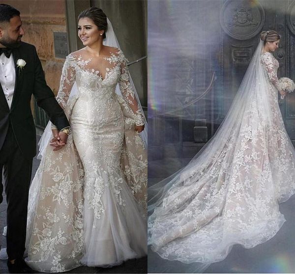 

vintage long sleeve wedding dresses with detachable skirt sheer jewel neck lace appliques beads bridal gowns plus size custom made robes bc1, White
