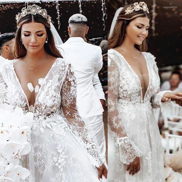 

2023 boho country wedding dresses bridal gown lace applique deep plunging v neck long sleeves ruched pleats floor length custom plus size ve, White