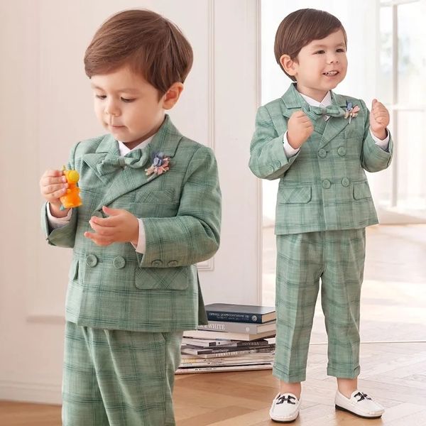 

suits children's flormal plaid dress suit set baby boy autumn wedding party banquet costume kids double breasted blazer pants bowtie 23, Black
