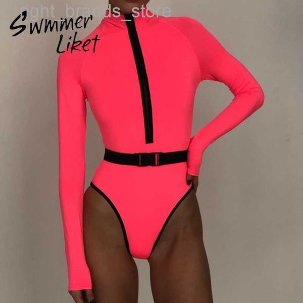 

women's swimwear long sleeve bikini neon pink zipper bodysuits swimwear women turtleneck swimsuit female high cut monokini biquini0216v, White;black
