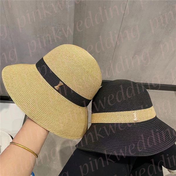 

women straw bucket hats brand metal letter sun hats summer beach vacation caps visor golf hat, Blue;gray