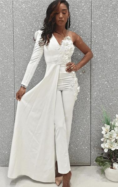 

chic boho jumpsuit wedding dress 2023 with overkskrit white satin lace beach bohemain rustic civil bride dress one shoulder robe de mariee w