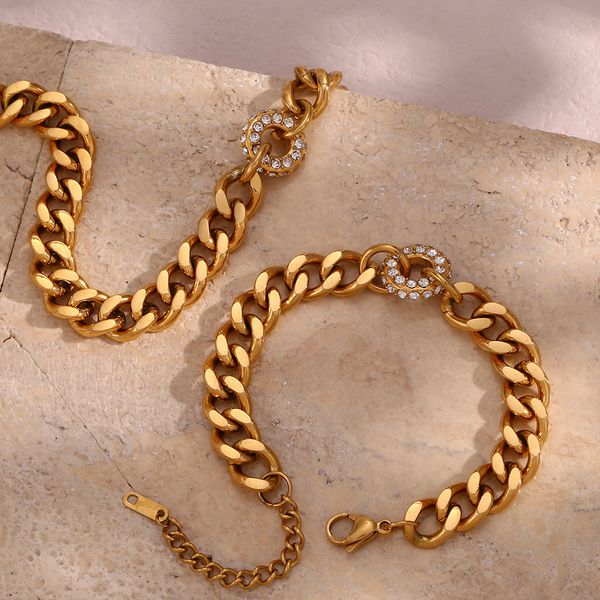 

wedding jewelry sets statement set chunky crystal donut charm cuban chain necklaces bracelets stainless steel 18k gold plated 230215, Slivery;golden