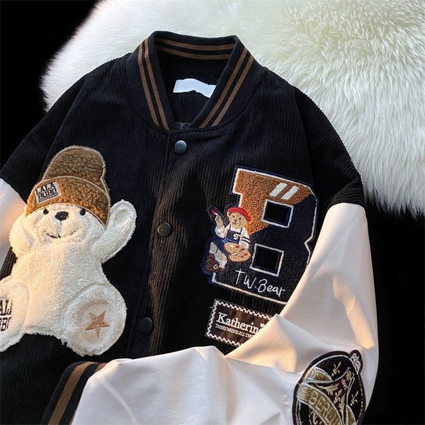 

women's jackets bear letter flocking embroidered coats y2k street retro corduroy fabric baseball uniform couple 230216, Black;brown