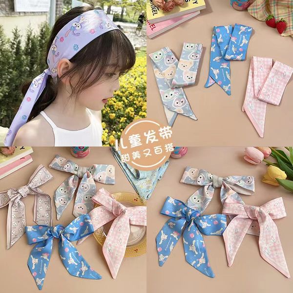 

new fashion print satin bowknot headbands cloth thin headscarf girls outdoor sports casual headwraps korean girls daily wear hair accessorie, Golden;white