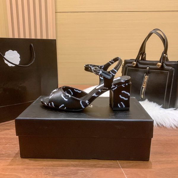 

2023 luxury designer women sandals party fashion leather dance shoe wedge heels super 5cm lady chunky high heel slippers womans shoes large, Black