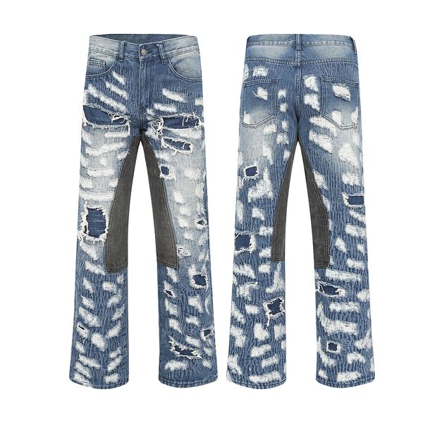 

high street match ripped hole flare jeans pants men's vintage patchwork denim trousers, Black;brown