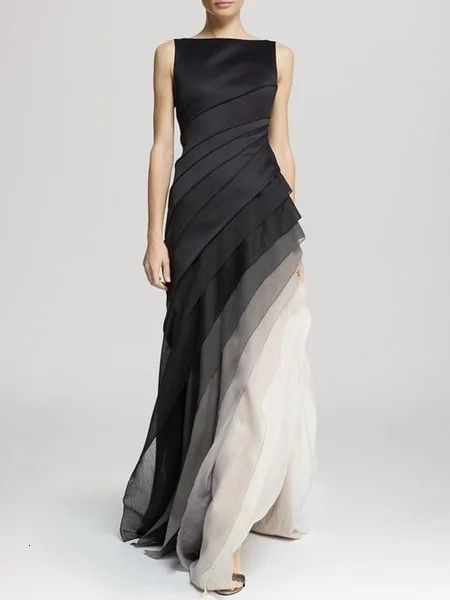 

skirts party dress lady chic sleeveless pleated long elegant high waist evening maxi women fashion gradient patchwork black 230217